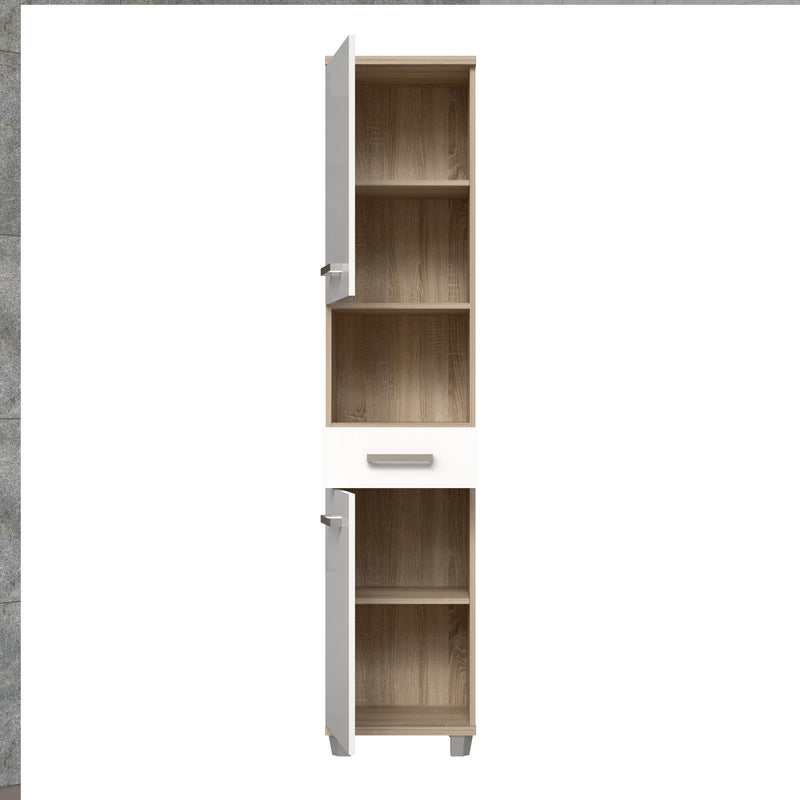 Veris Tall Narrow Bathroom Cupboard with 2 Doors & 1 Drawer in Sonoma Oak and White High Gloss – image 4