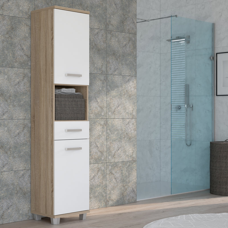Veris Tall Narrow Bathroom Cupboard with 2 Doors & 1 Drawer in Sonoma Oak and White High Gloss – image 5