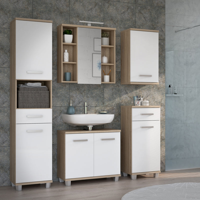Veris Tall Narrow Bathroom Cupboard with 2 Doors & 1 Drawer in Sonoma Oak and White High Gloss – image 6
