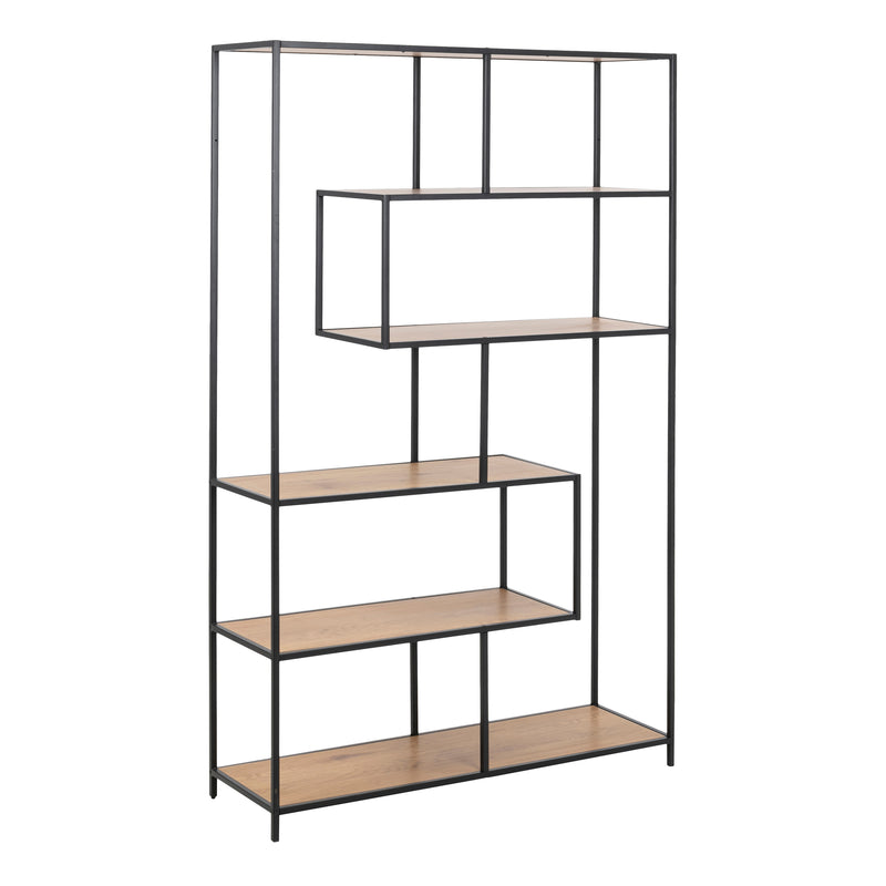 Seaford Black Metal Large Asymmetrical Bookcase with 5 Oak Shelves – image 1