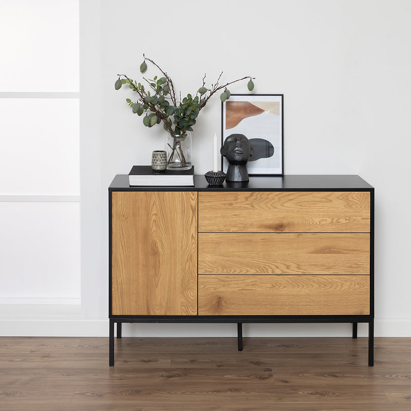 Seaford 1 Door 3 Drawer Small Sideboard in Black & Oak – image 7
