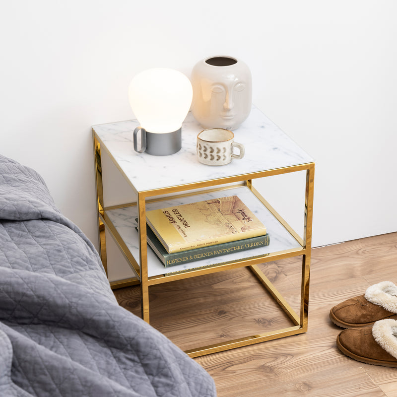 Alisma Bedside Table with White Marble Glass & Gold Base – image 4