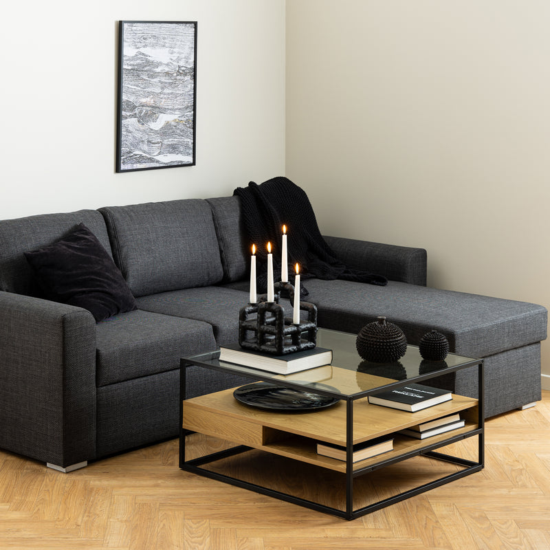 Randolf Square Coffee Table with 2 Shelves in Black and Oak – image 3