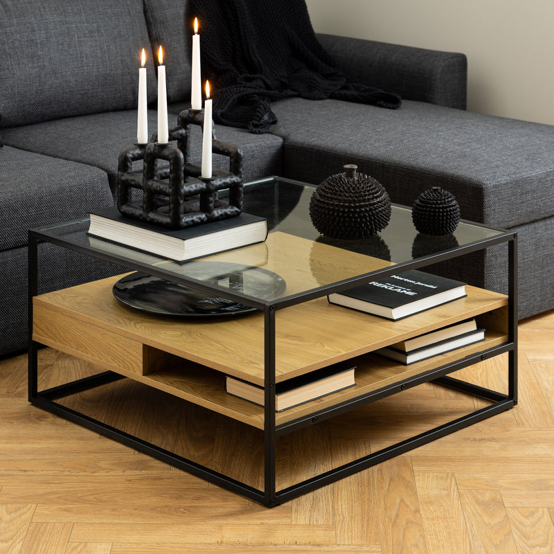 Randolf Square Coffee Table with 2 Shelves in Black and Oak – image 4