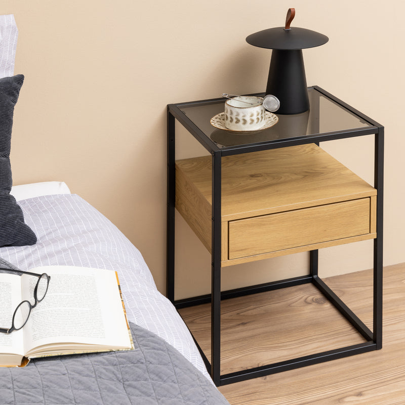 Randolf Square Bedside Table with 1 Drawer in Black and Oak – image 4