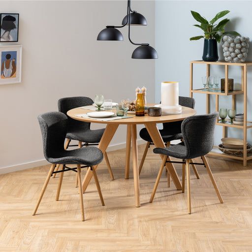 Townsville Round Dining Table in White and Oak Included 4 Batilda Dining Chairs with Grey Fabric and Oak – image 1
