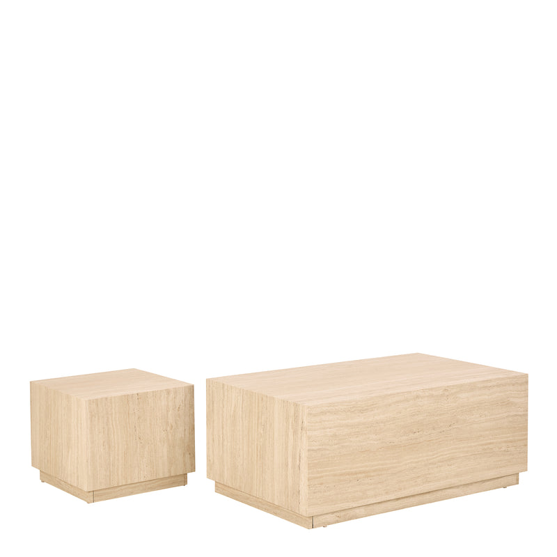 Dice Square and Rectangular Coffee Table Set of 2 in Travertine Rough Paper Effect – image 1