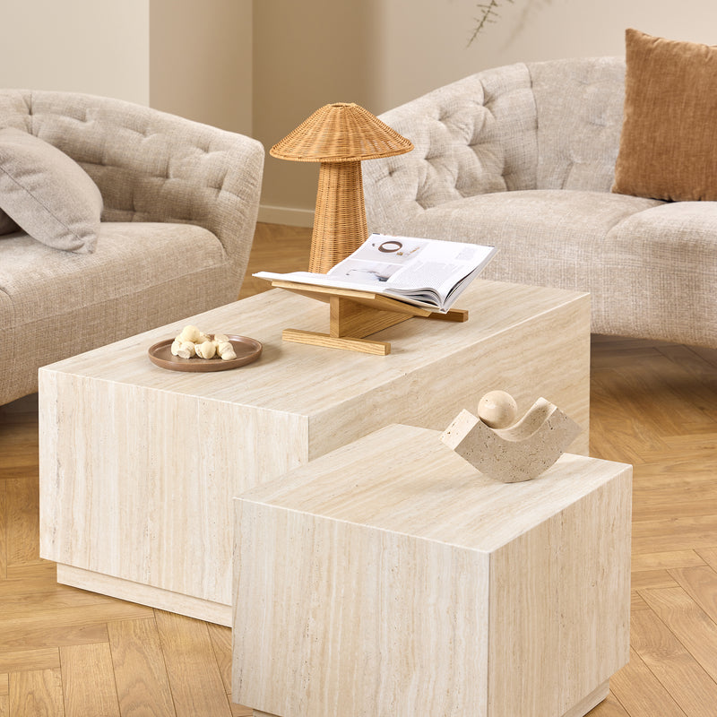 Dice Square and Rectangular Coffee Table Set of 2 in Travertine Rough Paper Effect – image 5