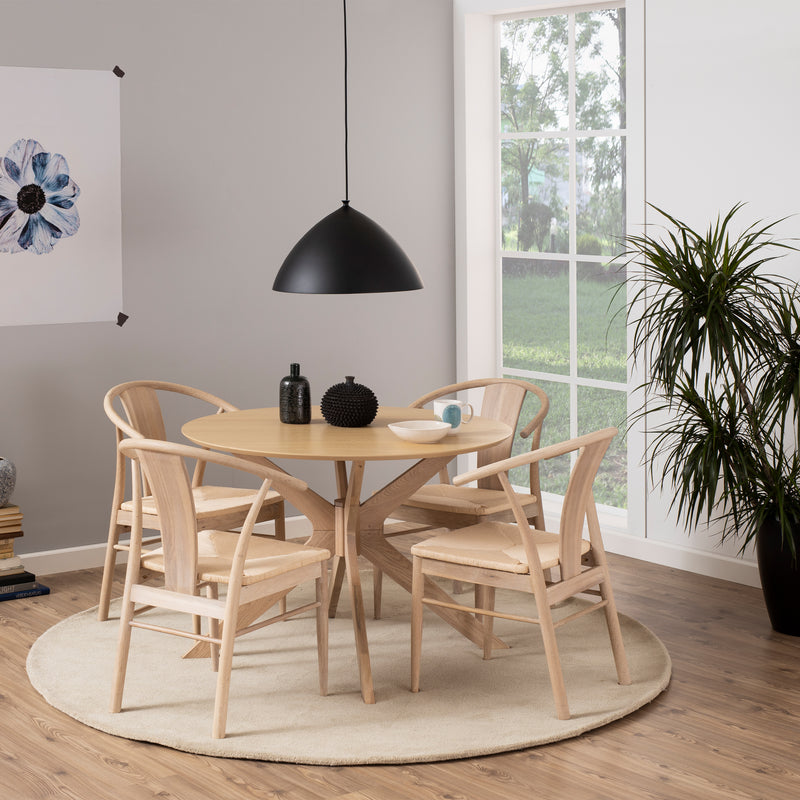 I_Duncan Round Dining Table in White Oak Included 4 Cassandra Dining Chair with Armrest in White Oak – image 1