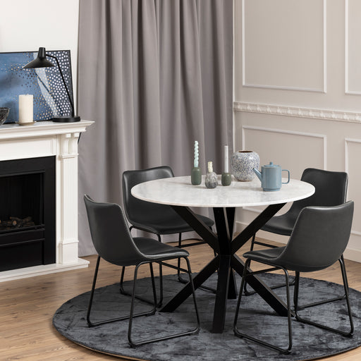 Heaven Round Dining Table with White Polished Marble Top Included 4 I_Oregon Dining Chair In Black with Cream Stitching, – image 1