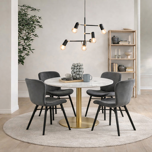 Corby Round Dining Table with White Polished Marble Top & Gold Base inc 4 Batilda Dining Chairs in Dark Grey – image 1