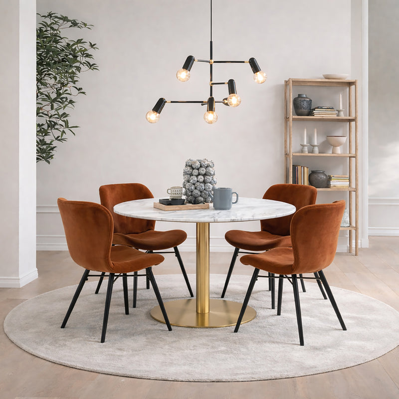 Corby Round Dining Table with White Polished Marble Top & Gold Base inc 4 Batilda Dining Chairs in Copper – image 1