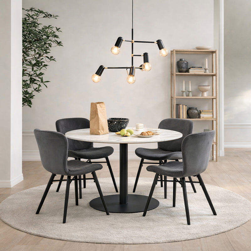 Corby Round Dining Table with White Polished Marble Top & Black Base includes 4 Batilda Dining Chairs in Dark Grey – image 1