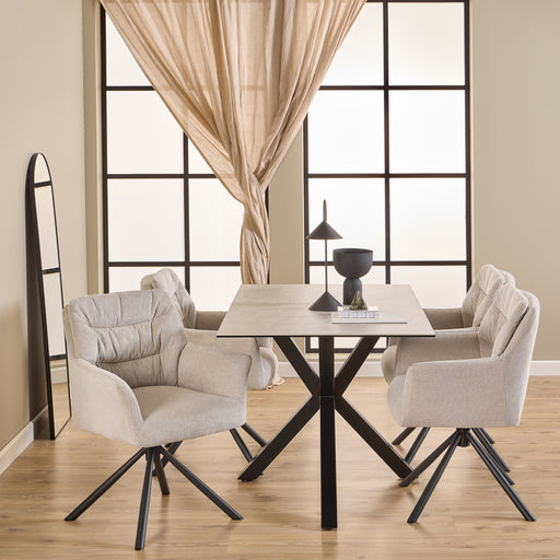 Heaven Dining Table with Ceramic White Top 135cm Included 4 Alonso Swivel Cream Dining Chair with Armrest – image 1