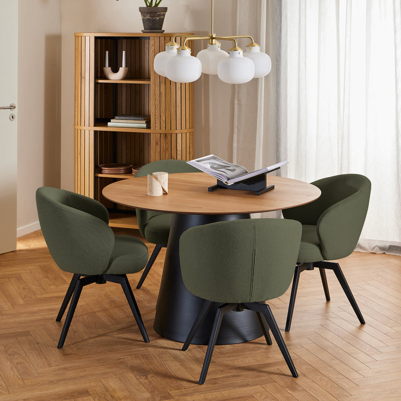 Soli Round Dining Table in Oak/Black 120x75cm Included 4 Darlene Dining Chair with Armrest and Swivel Function in Green – image 1