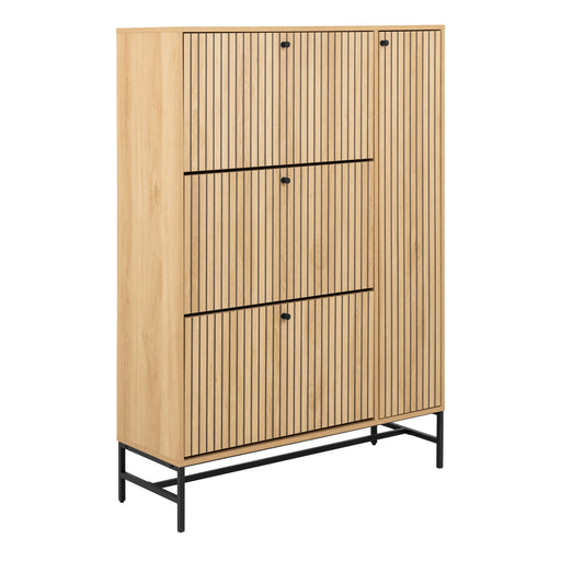 Albany Shoe Cabinet 3 Flip Down Doors 1 Pull Open Door in Oak/Black Legs – image 1