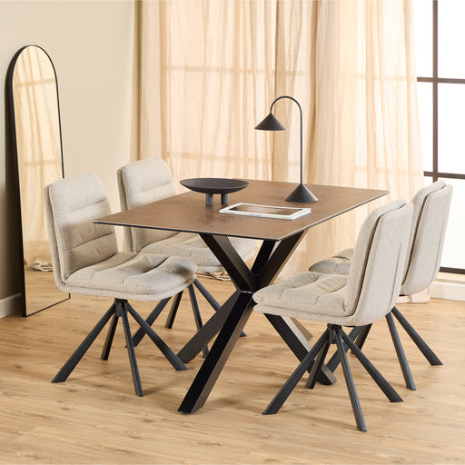Heaven Dining Table with Ceramic Rusty Brown Top 135cm Included 4 Dean Beige Swivel Dining Chair – image 1